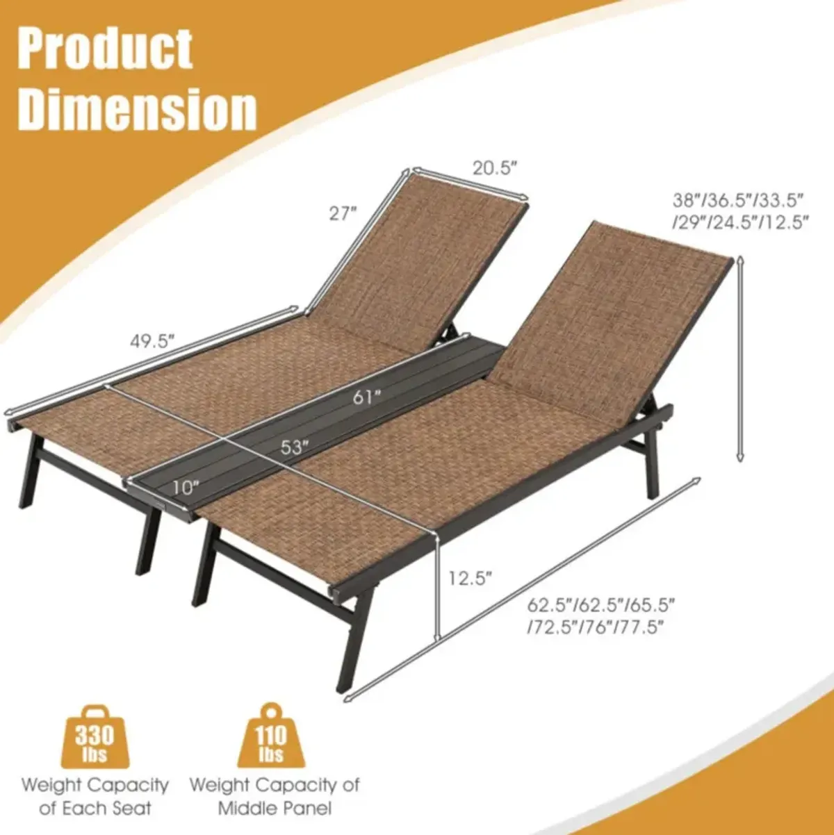 Hivvago 2-Person Patio Chaise Lounge with Middle Panel