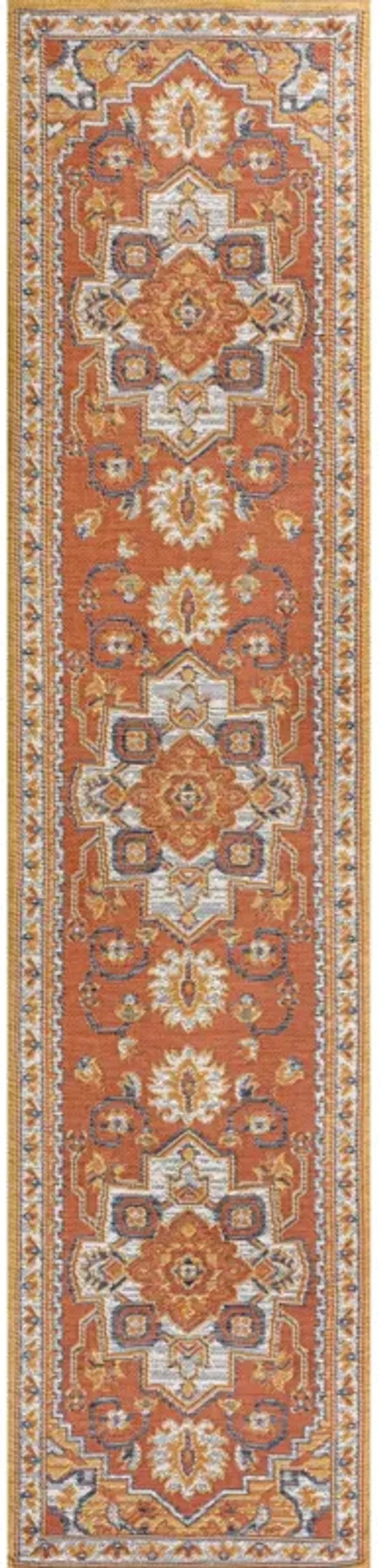 Bijan Traditional Vintage Medallion Reversible Machine-Washable Terra/Blue/Cream 2 ft. x 8 ft. Indoor/Outdoor Runner Rug