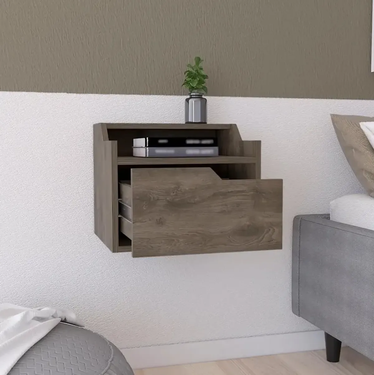 Floating Nightstand, Modern Dual-Tier Design with Spacious Single Drawer Storage