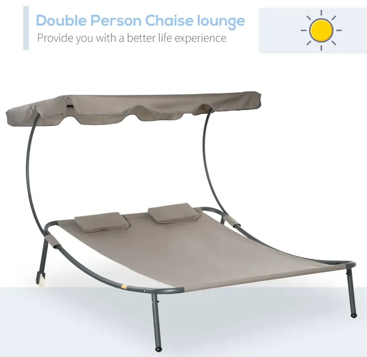 Brown Patio Lounger: Double Chaise with Canopy & Wheels