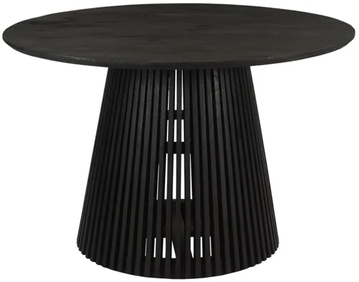 Ridge 47 Inch Handcrafted Mango Wood Round Dining Table, Slatted Flared Base, Black-Benzara