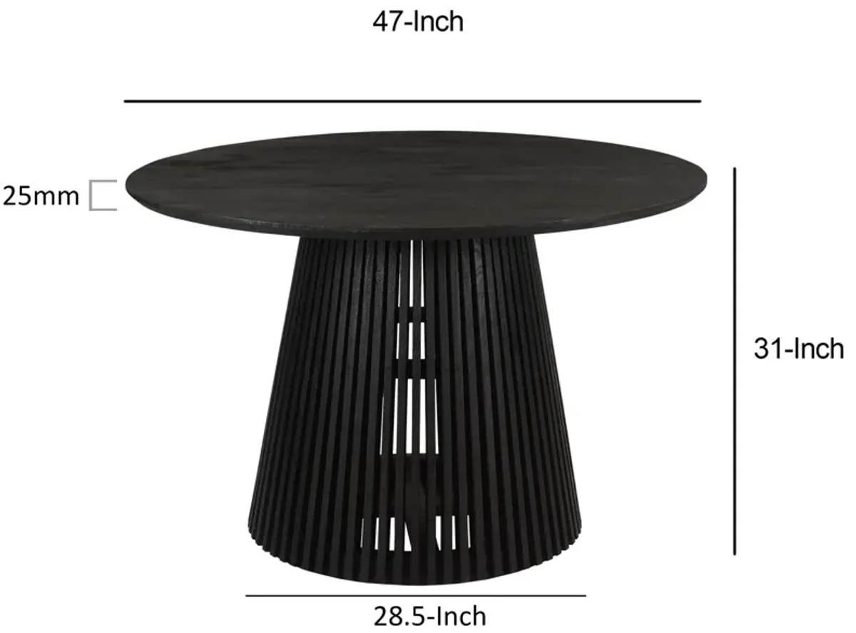 Ridge 47 Inch Handcrafted Mango Wood Round Dining Table, Slatted Flared Base, Black-Benzara