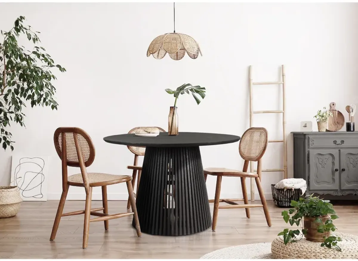 Ridge 47 Inch Handcrafted Mango Wood Round Dining Table, Slatted Flared Base, Black-Benzara