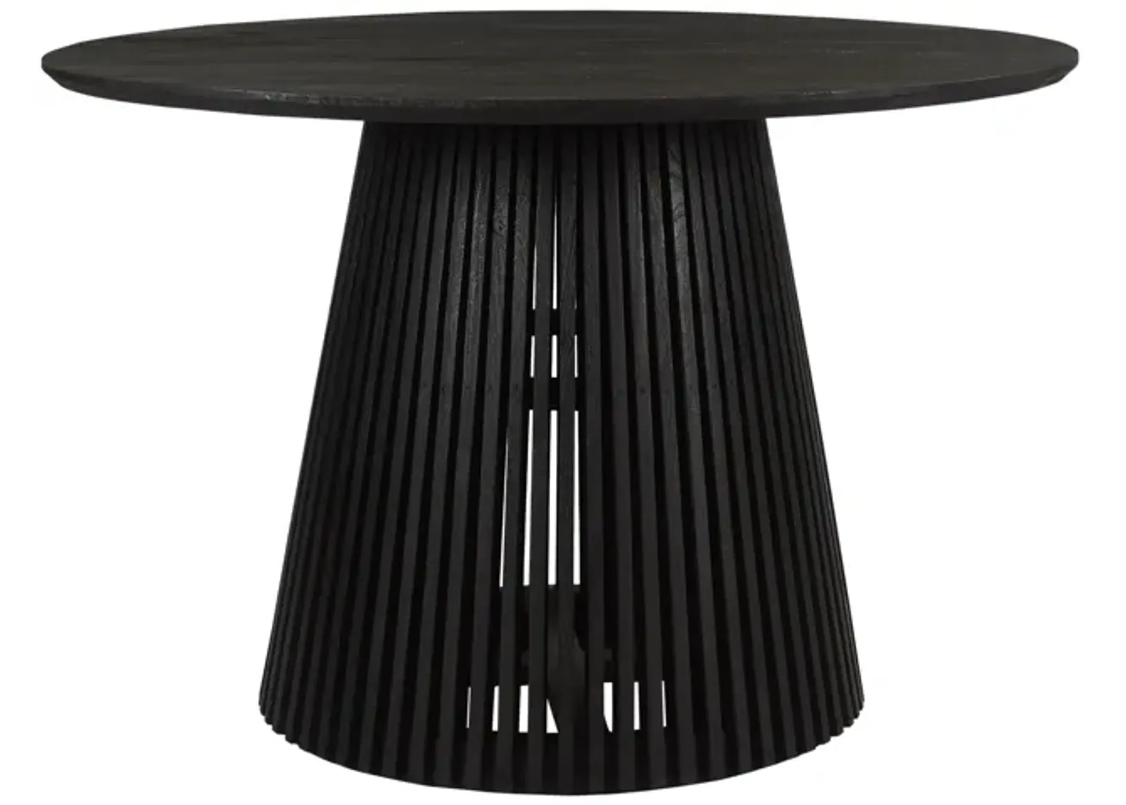 Ridge 47 Inch Handcrafted Mango Wood Round Dining Table, Slatted Flared Base, Black-Benzara