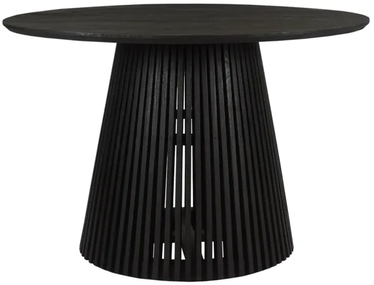 Ridge 47 Inch Handcrafted Mango Wood Round Dining Table, Slatted Flared Base, Black-Benzara