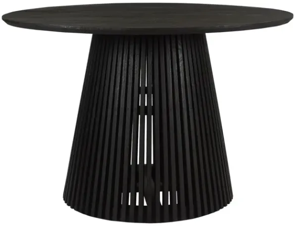 Ridge 47 Inch Handcrafted Mango Wood Round Dining Table, Slatted Flared Base, Black-Benzara
