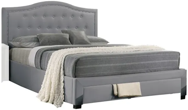 Sey California King Bed w Storage Drawer, Light Gray Burlap Upholstery - Benzara