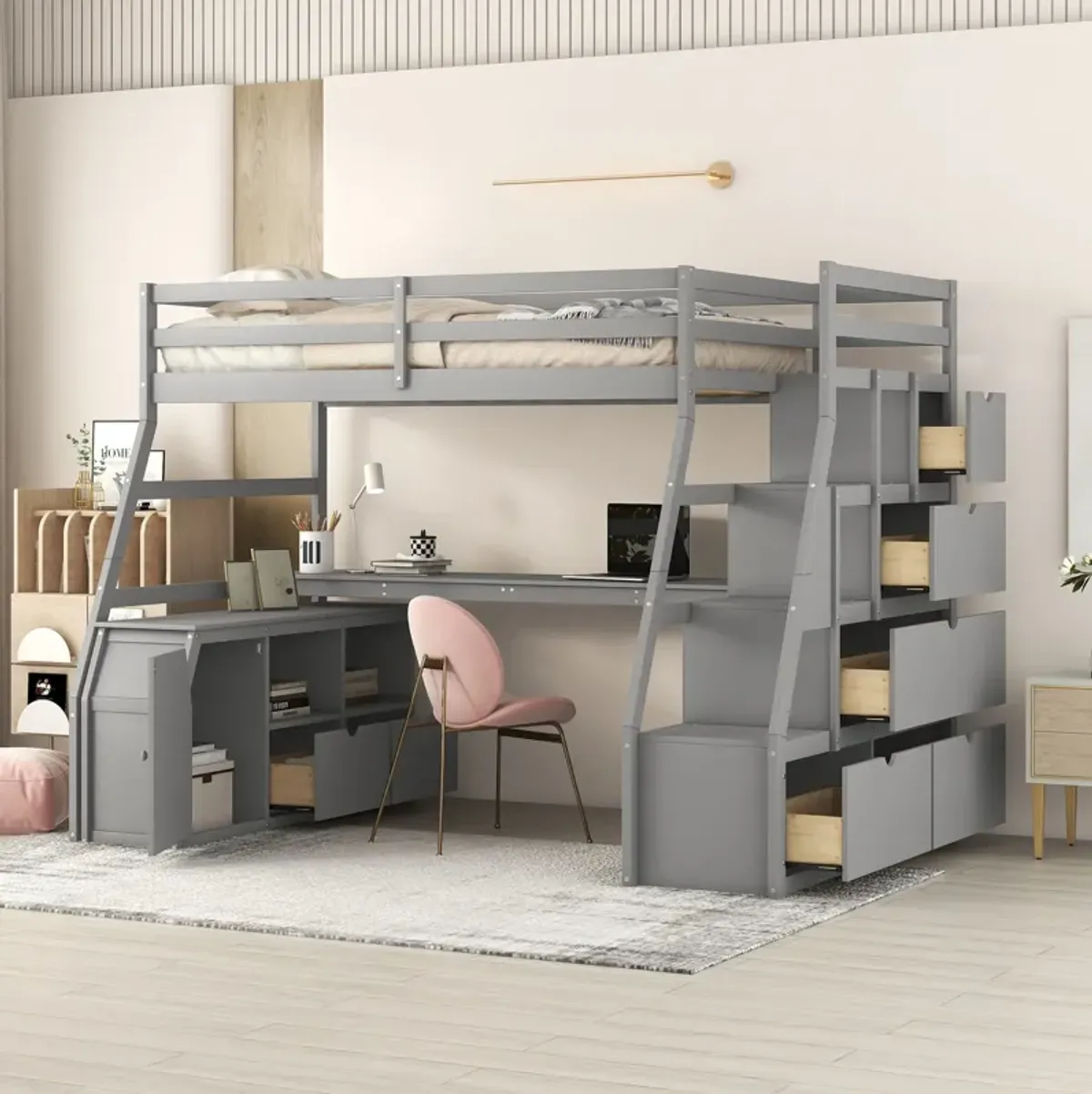 Merax Loft Bed with 7 Drawers and Desk