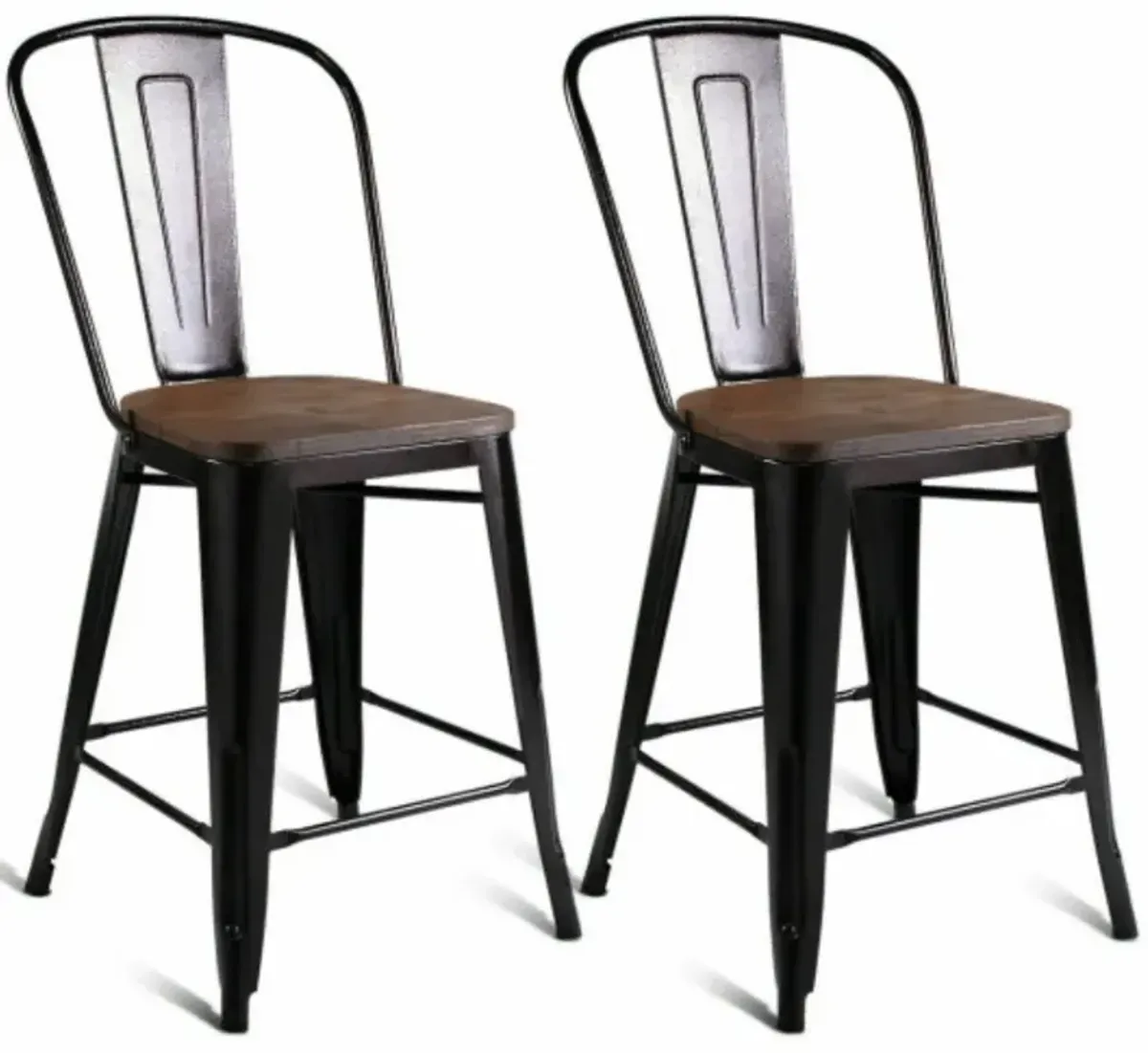 Set of 2 Copper Barstool with Wood Top and High Backrest