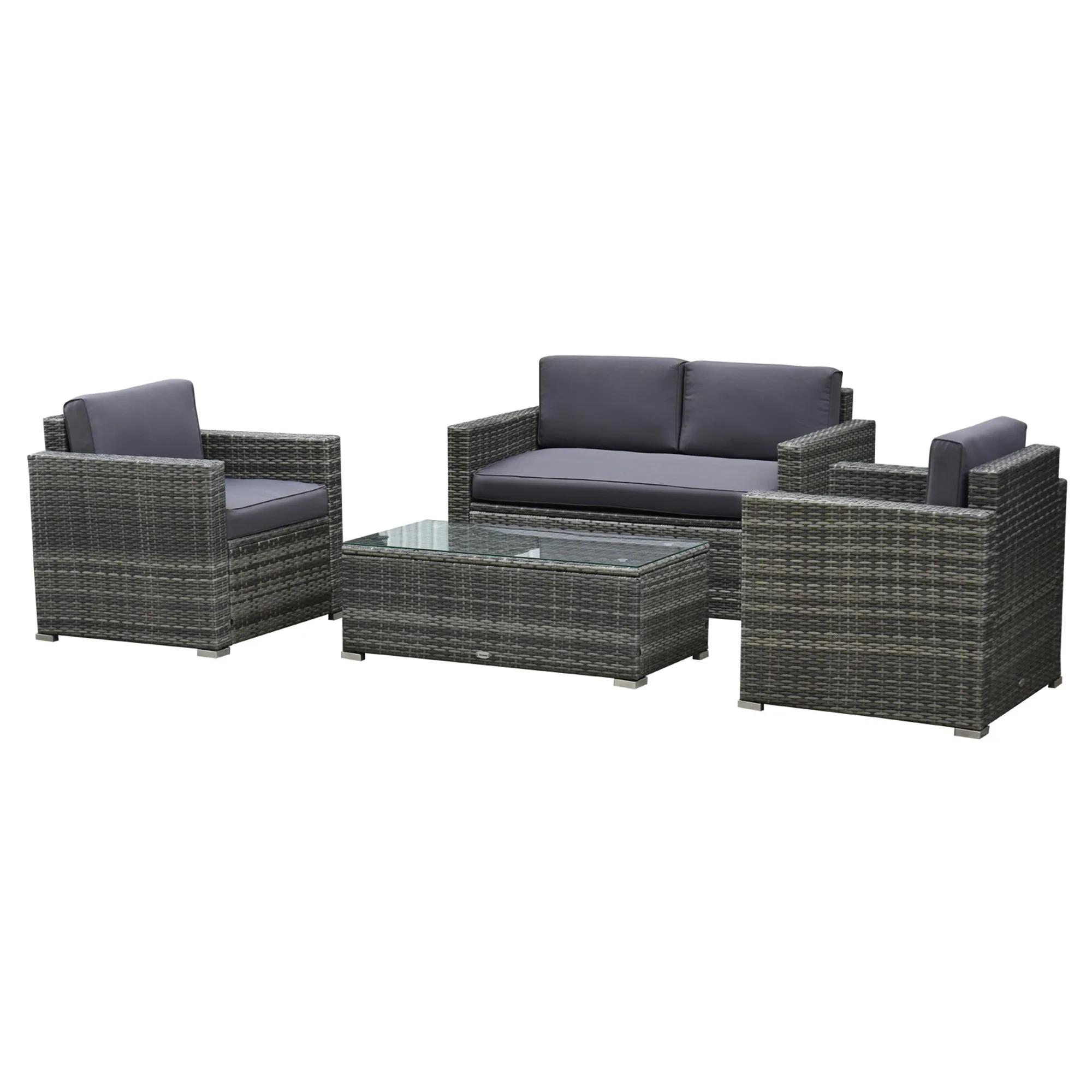 Grey Patio Conversation: 4-Piece Rattan Set with Glass Table