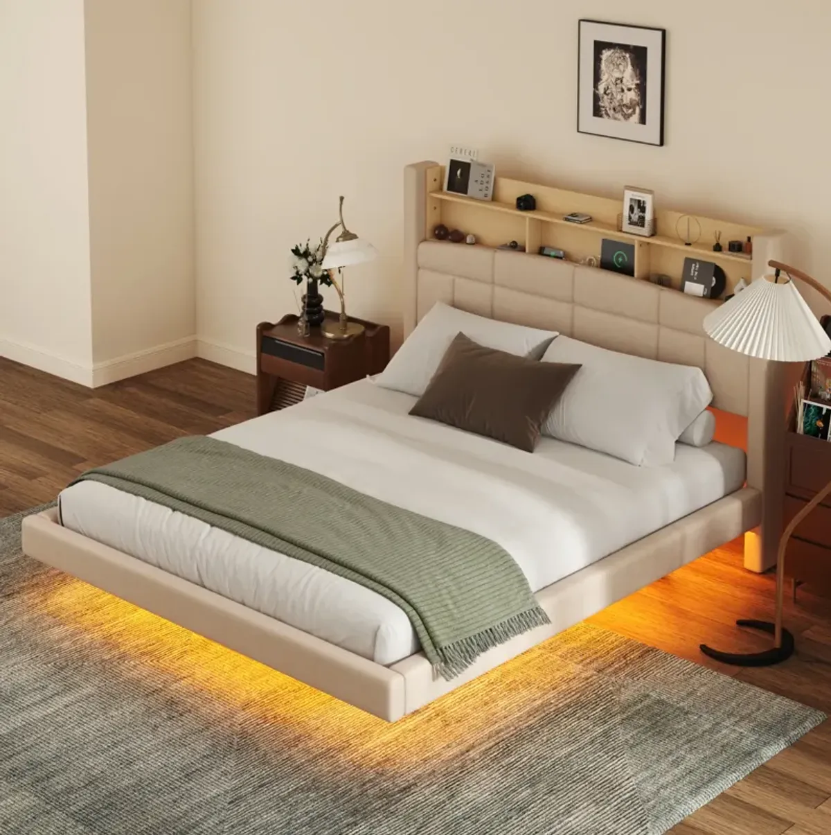 Merax Upholstered Floating Bed with LED and Storage Headboard