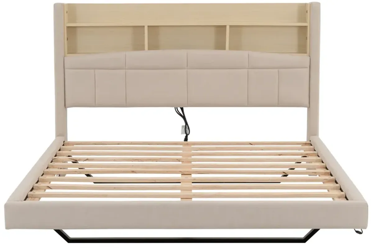 Merax Upholstered Floating Bed with LED and Storage Headboard