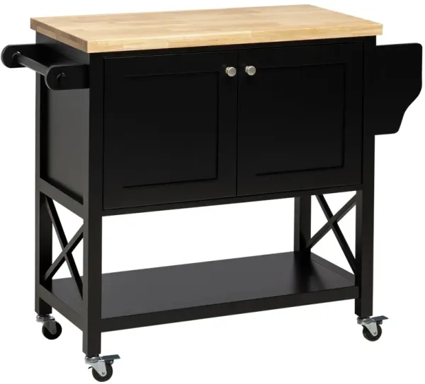 Black Kitchen Helper: Elegant Island Cart with Rubberwood Top & Storage