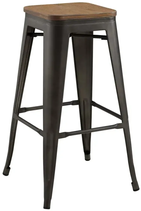 Modway Promenade Industrial Modern Steel Backless Bistro Bar Stool with Bamboo Seat in Brown