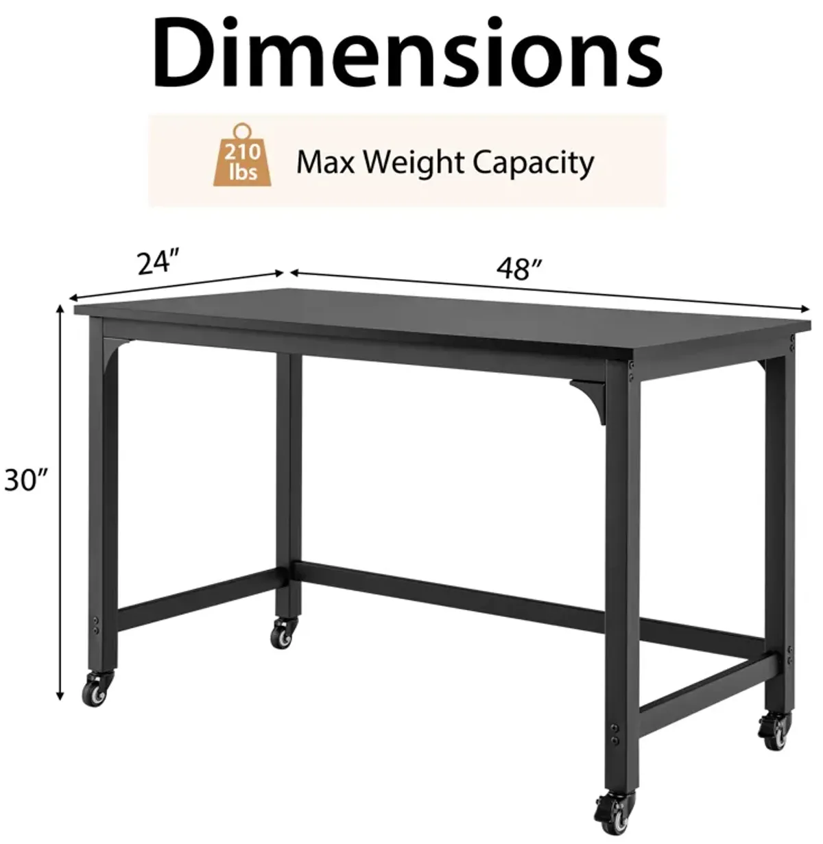 48" Rolling Computer Desk with Heavy-duty Metal Frame for Home and Office