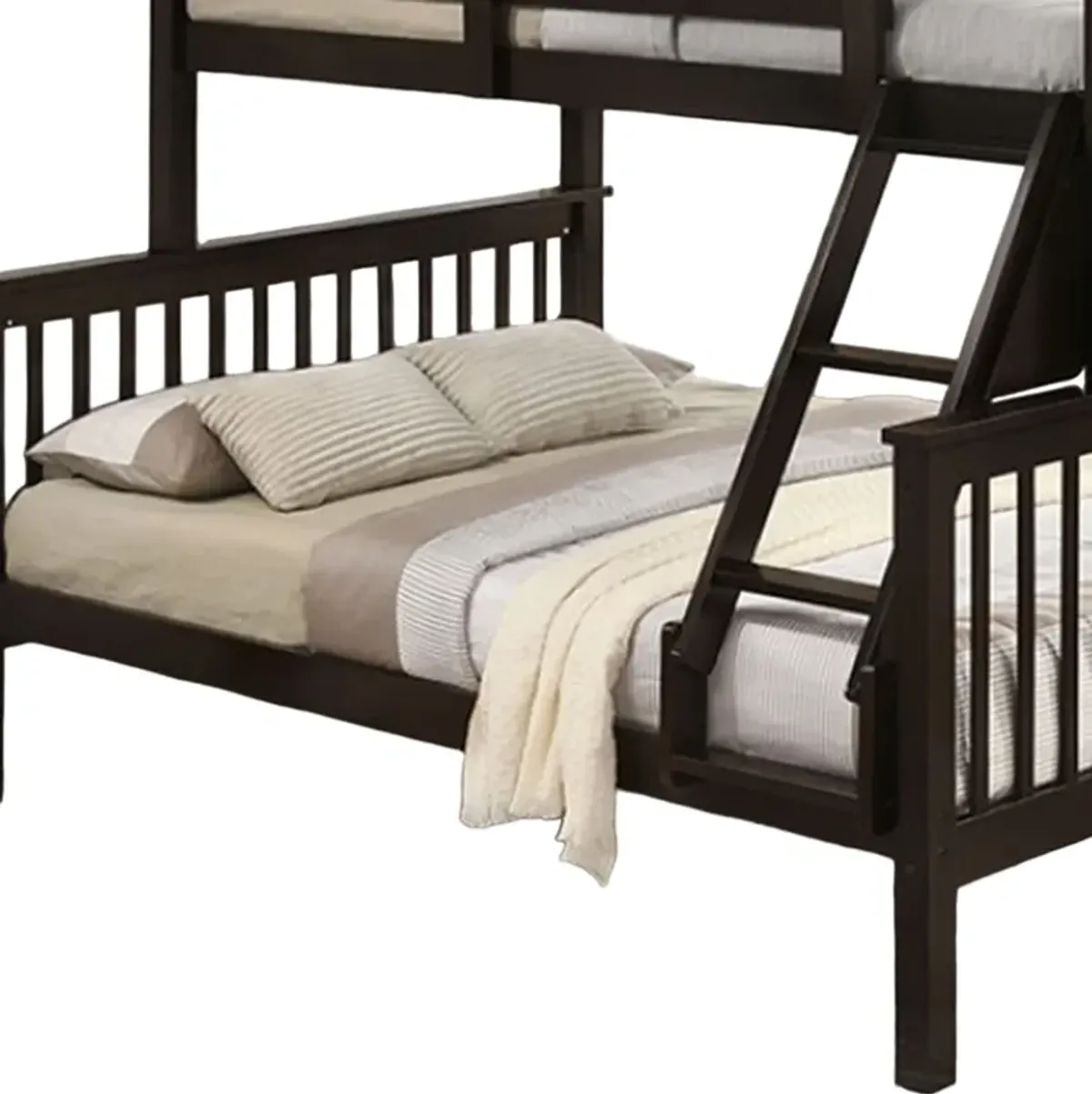 Bruke Twin/Full Size Bunk Bed with Ladder, Slatted Brown Solid Hardwood