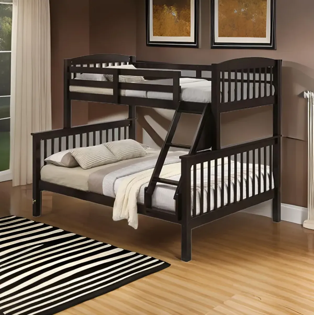 Bruke Twin/Full Size Bunk Bed with Ladder, Slatted Brown Solid Hardwood