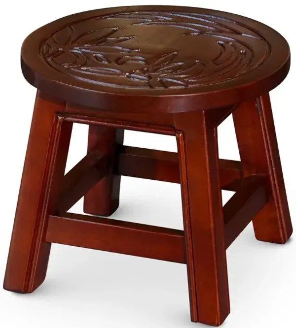 Sidi 11 Inch Step Stool Footrest, Wood Floral Print, Round, Cherry Finish - Benzara