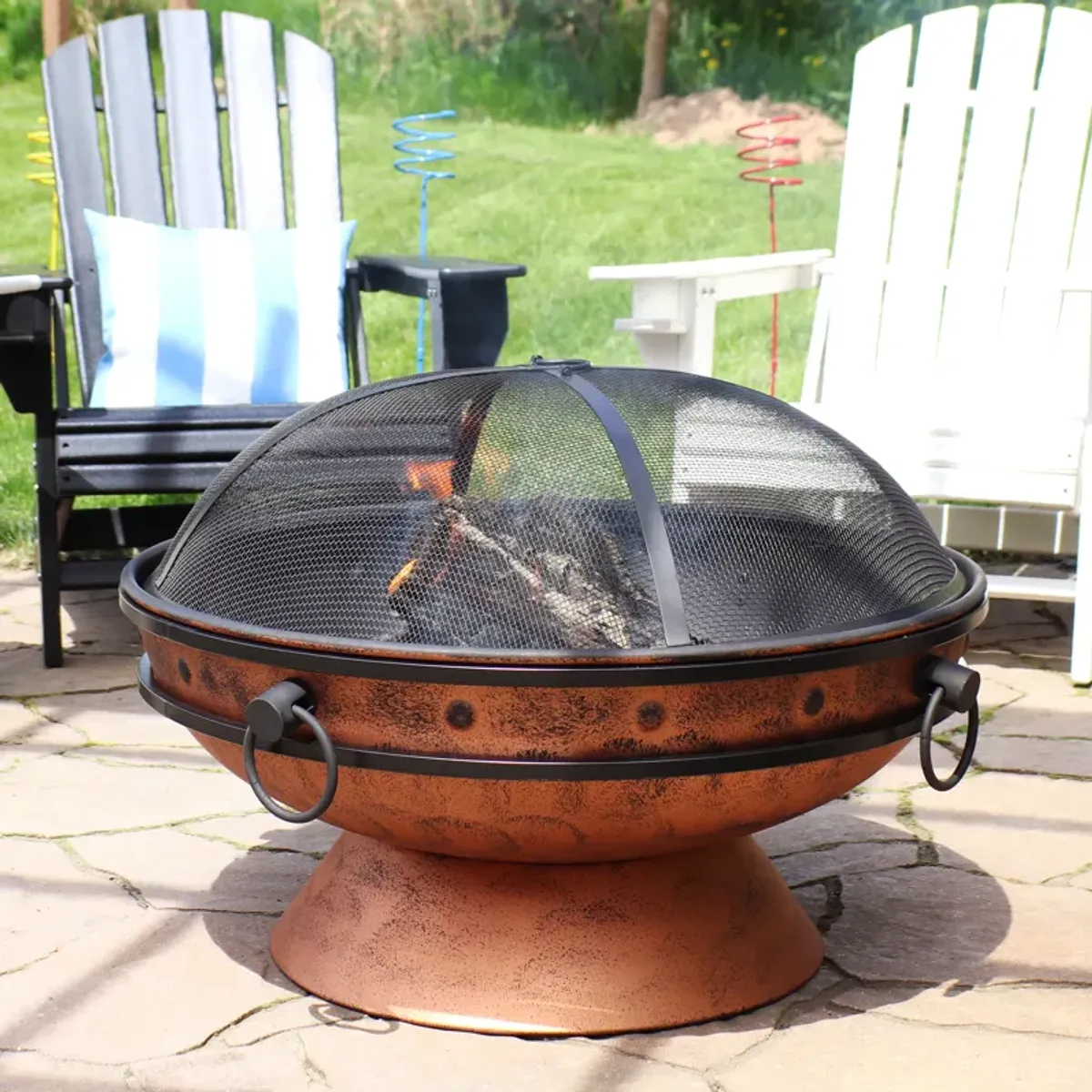 Sunnydaze 30 in Raised Outdoor Fire Pit Bowl with Spark Screen - Copper