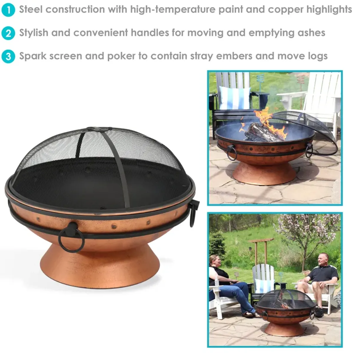 Sunnydaze 30 in Raised Outdoor Fire Pit Bowl with Spark Screen - Copper