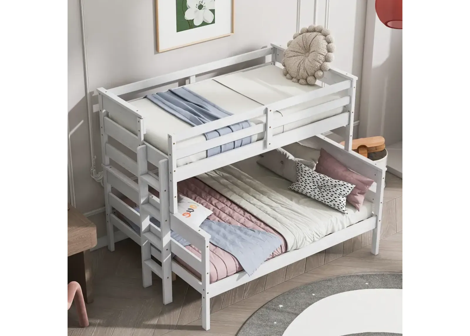 Wood Twin Over Full Bunk Bed With Ladder, White