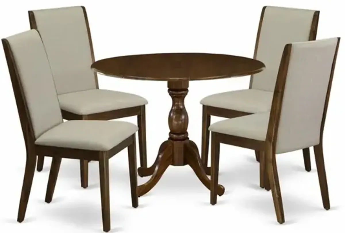 East West Furniture 5 Piece Modern Dining Table Set Includes 1 Drop Leaves Dining Table and 4 Grey Linen Fabric Parsons Chair with High Back - Acacia Walnut Finish