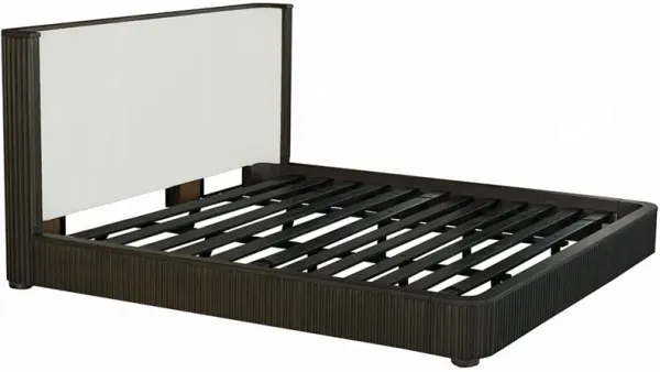Jeh Queen Size Bed, White Upholstered, Espresso Brown Ribbed Details - Benzara