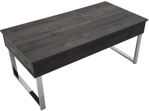 47 Inch Lift Top Coffee Table, Chrome Base, Distressed Gray, Rectangular-Benzara