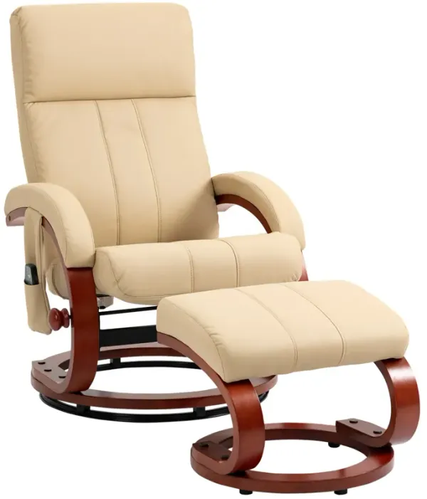 HOMCOM Recliner Chair with Ottoman, Electric Faux Leather Recliner with 10 Vibration Points and 5 Massage Mode, Reclining Chair with Remote Control, Swivel Wood Base and Side Pocket, Beige