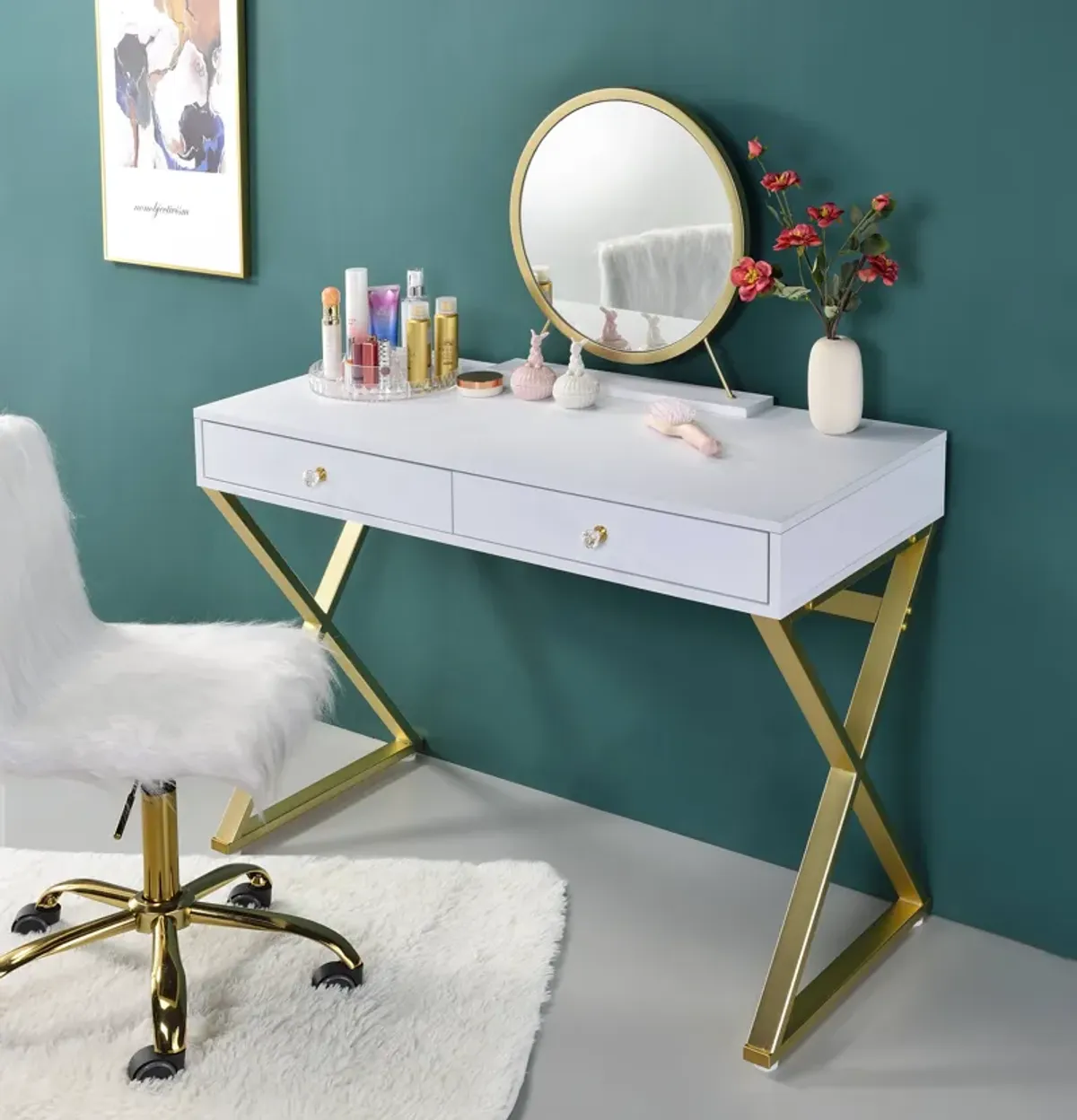 ACME Coleen Vanity Desk w/Mirror & Jewelry Tray, Chrome Finish