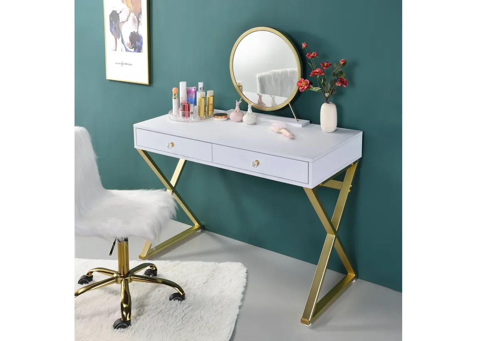 ACME Coleen Vanity Desk w/Mirror & Jewelry Tray, Chrome Finish