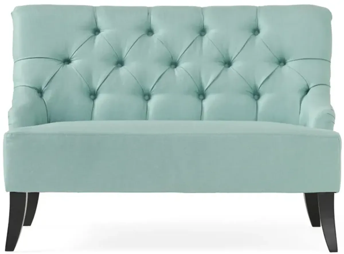 Ohio Loveseat Settee, 44 Inch Button Tufted Teal Green, Solid Wood - Benzara