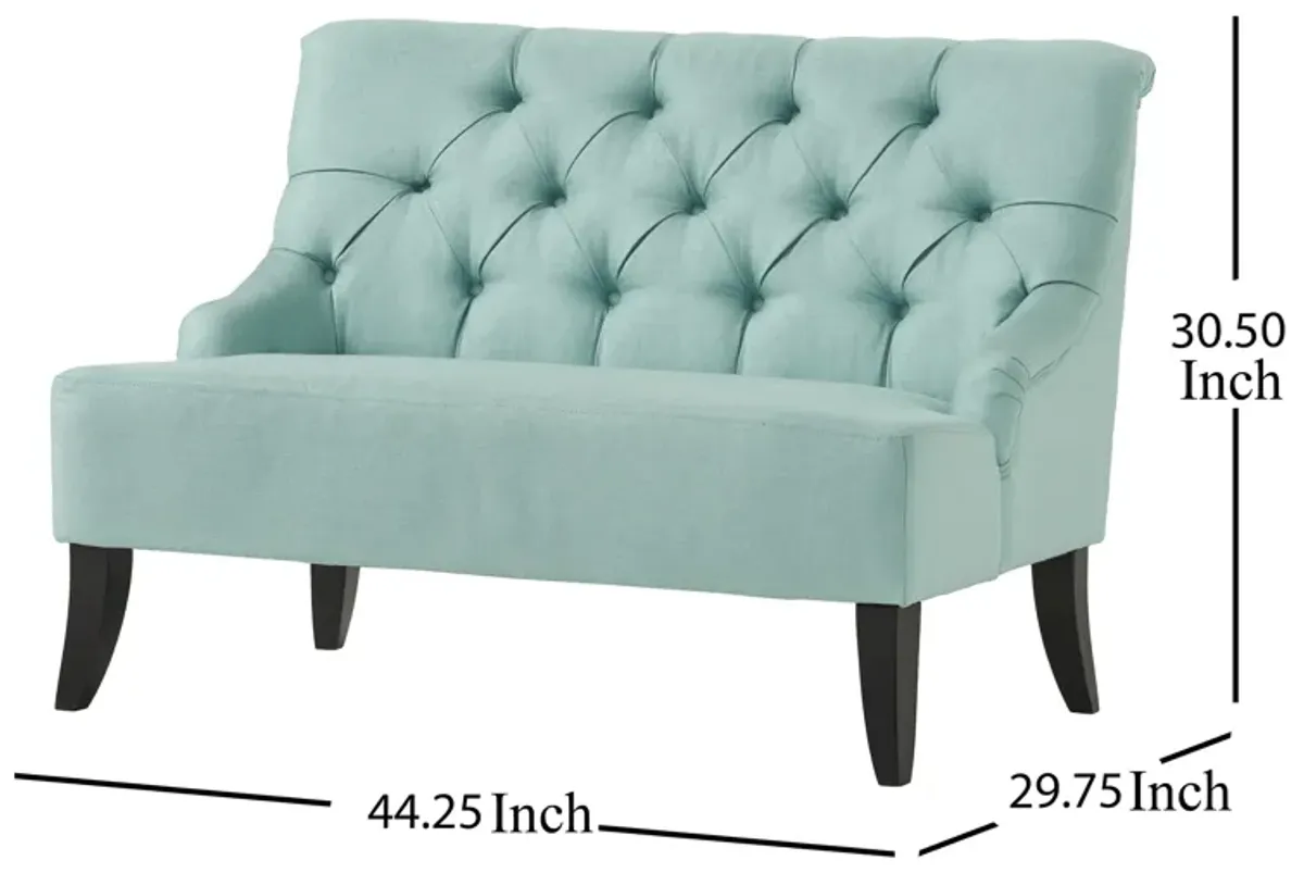 Ohio Loveseat Settee, 44 Inch Button Tufted Teal Green, Solid Wood - Benzara