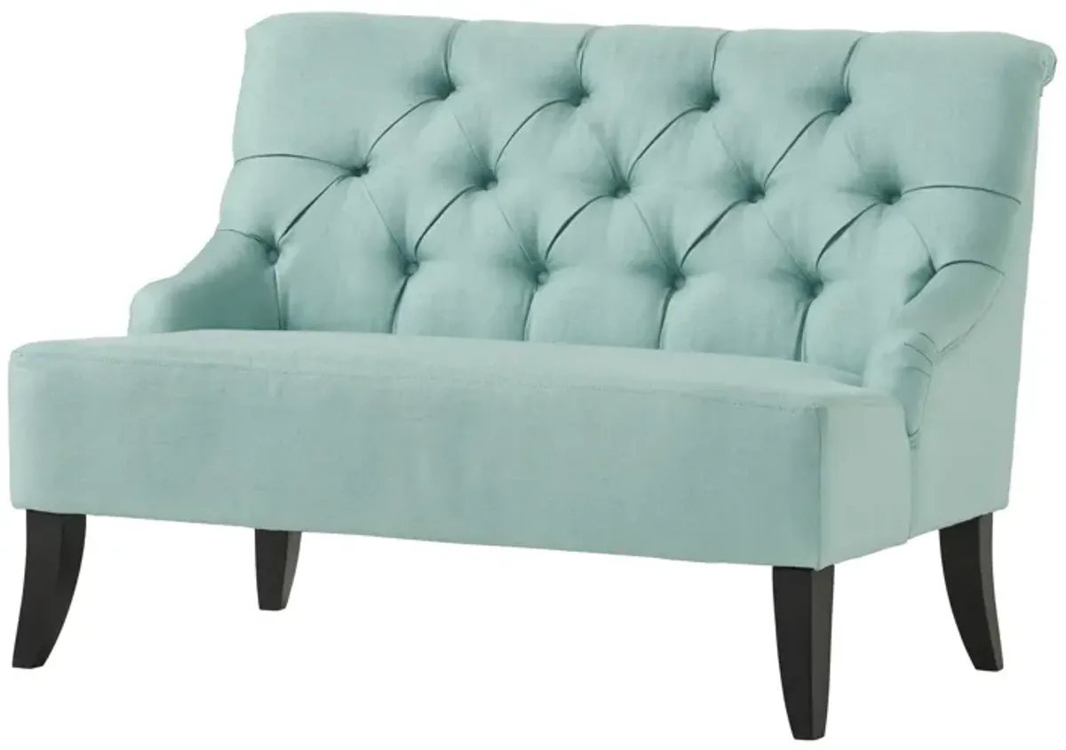 Ohio Loveseat Settee, 44 Inch Button Tufted Teal Green, Solid Wood - Benzara