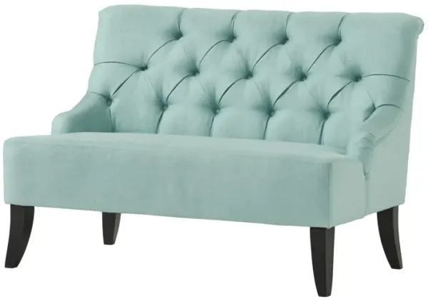 Ohio Loveseat Settee, 44 Inch Button Tufted Teal Green, Solid Wood - Benzara