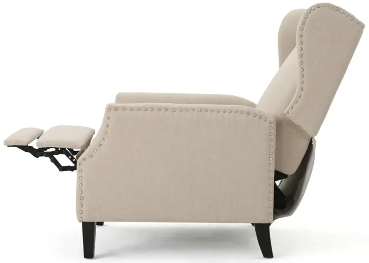 Nora Manual Recliner Lounge Chair, Wingback, Nailhead Trim, Beige - Benzara