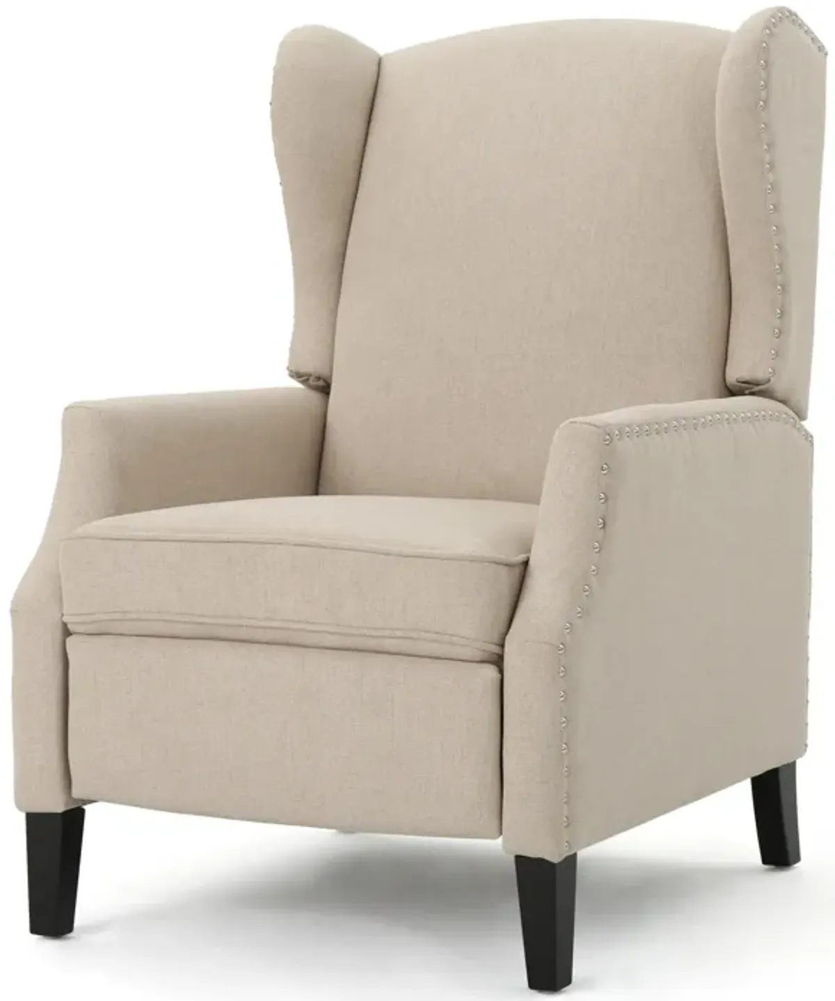 Nora Manual Recliner Lounge Chair, Wingback, Nailhead Trim, Beige - Benzara