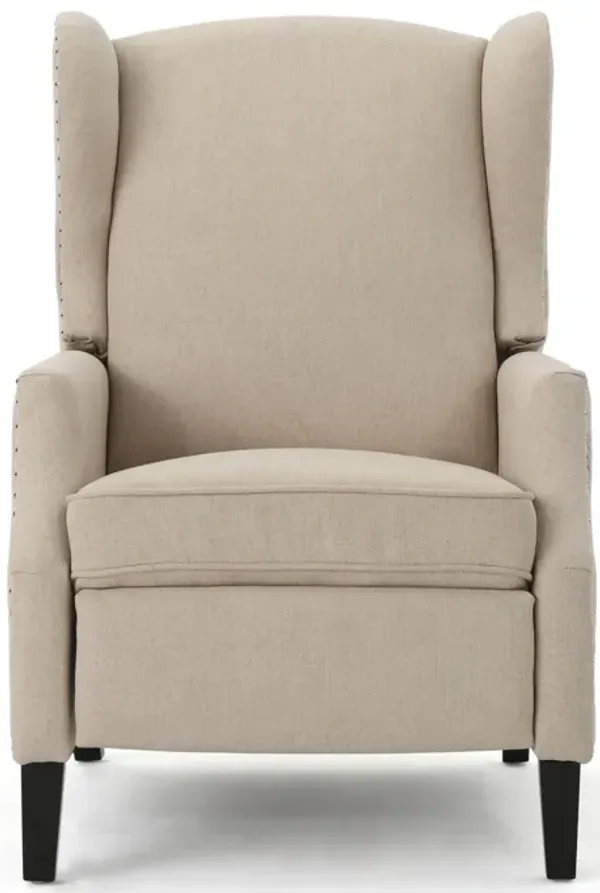 Nora Manual Recliner Lounge Chair, Wingback, Nailhead Trim, Beige - Benzara