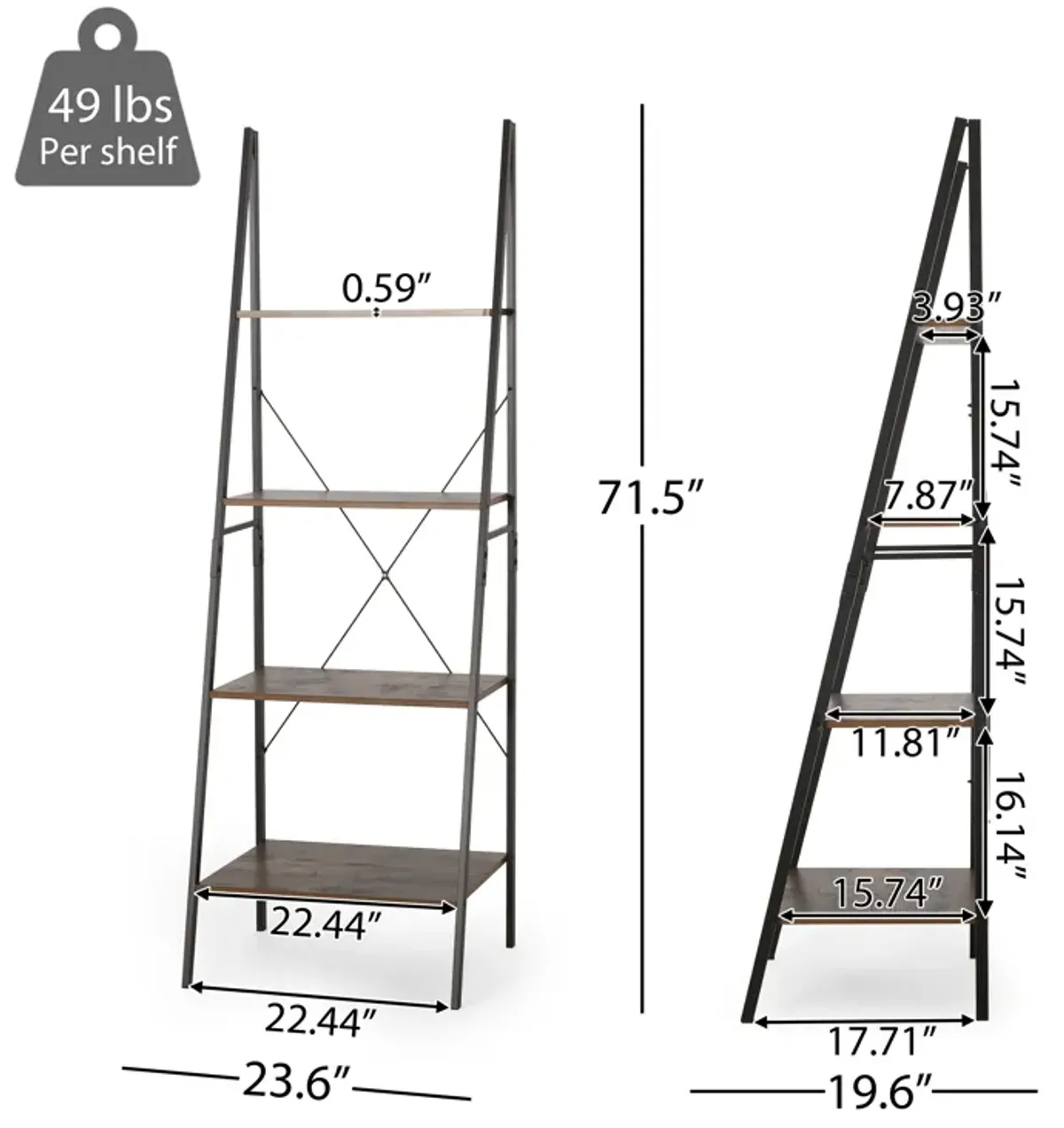 Modern Industrial Bookshelf Ladder Design, 4 Faux Wood Shelves