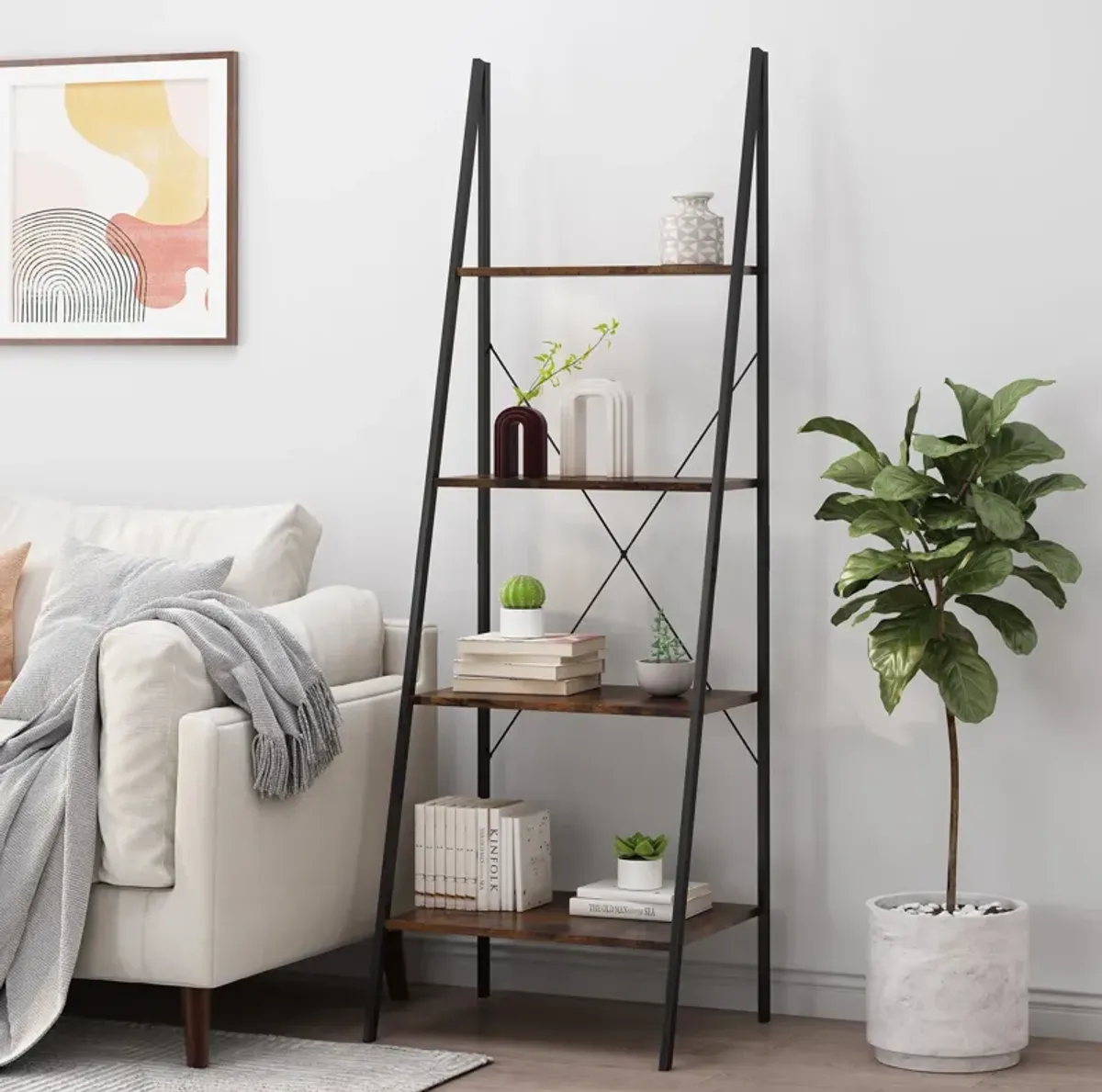 Modern Industrial Bookshelf Ladder Design, 4 Faux Wood Shelves