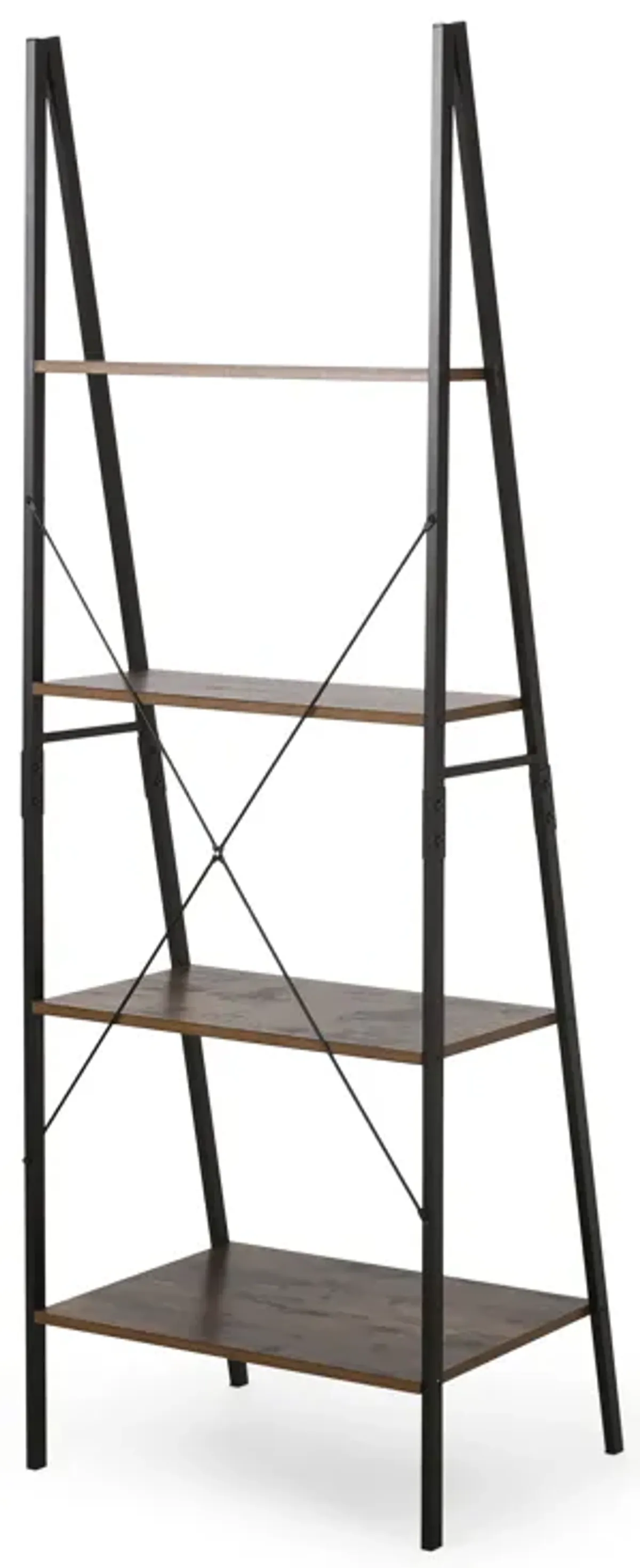 Modern Industrial Bookshelf Ladder Design, 4 Faux Wood Shelves