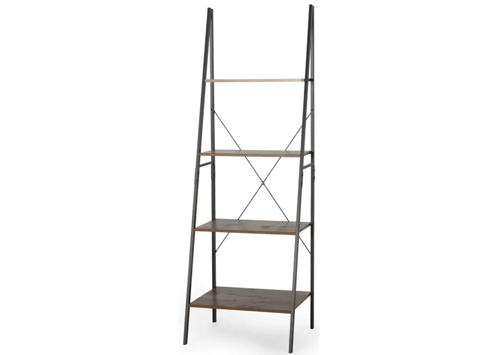 Modern Industrial Bookshelf Ladder Design, 4 Faux Wood Shelves