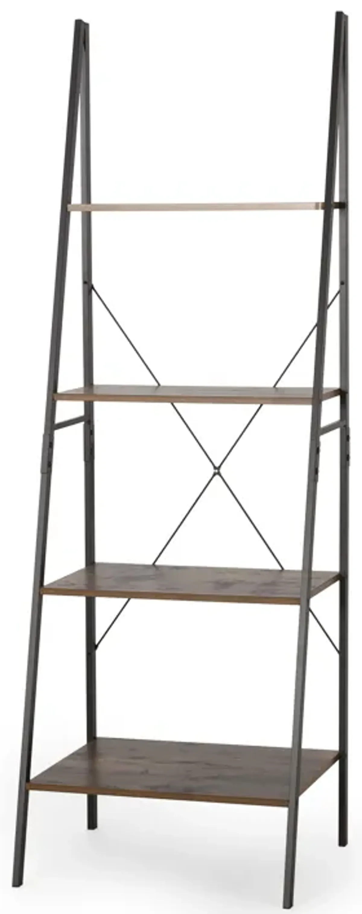 Modern Industrial Bookshelf Ladder Design, 4 Faux Wood Shelves