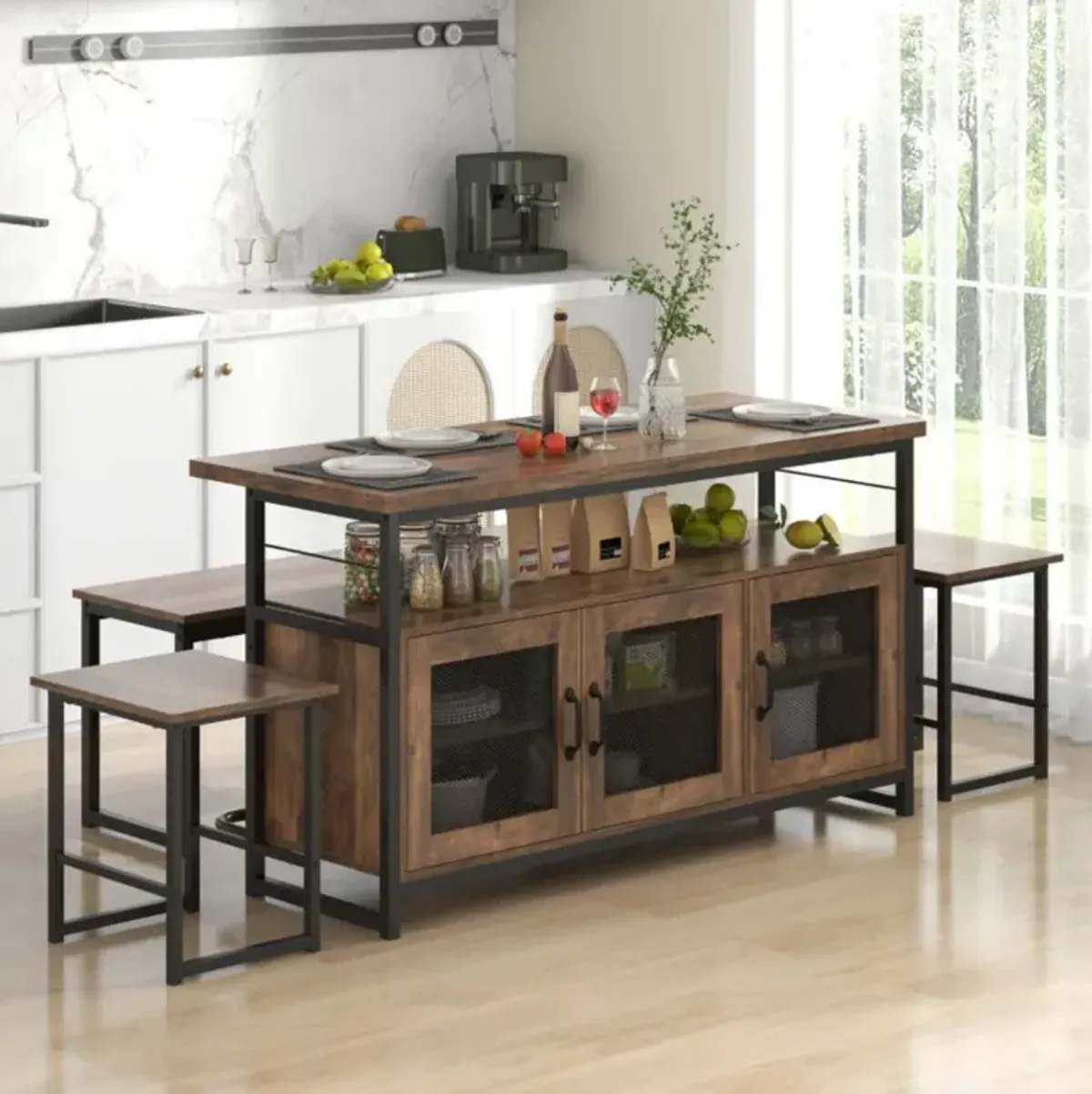 Hivvago 4 Piece Kitchen Island Set with Bench and Storage