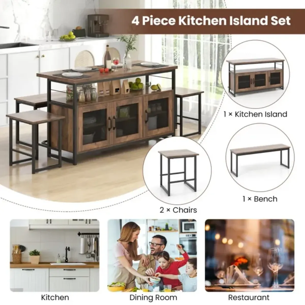 Hivvago 4 Piece Kitchen Island Set with Bench and Storage