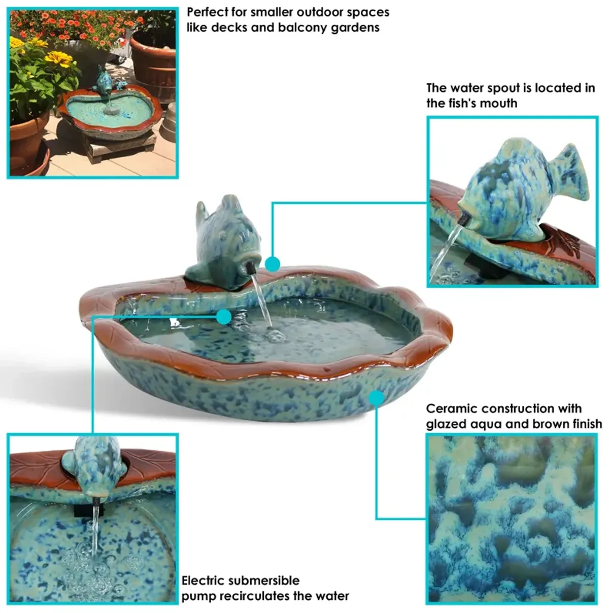 Sunnydaze Fish Glazed Ceramic Outdoor Water Fountain