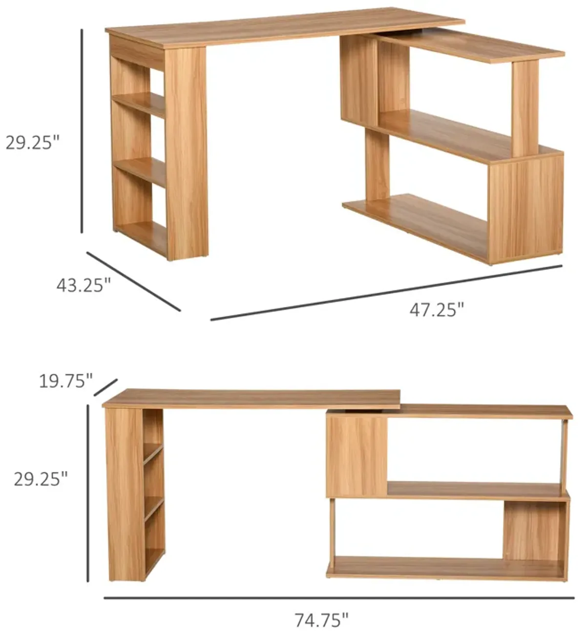 HOMCOM L Shaped Corner Desk, 360 Degree Rotating Home Office Desk with Storage Shelves, Writing Table Workstation, Maple