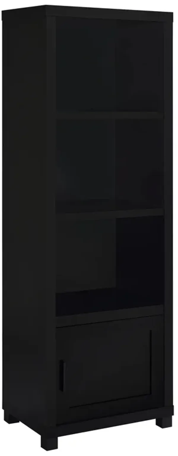 Janice Media Tower Bookcase, 3 Shelves, 1 Storage Cabinet,  Black Finish - Benzara