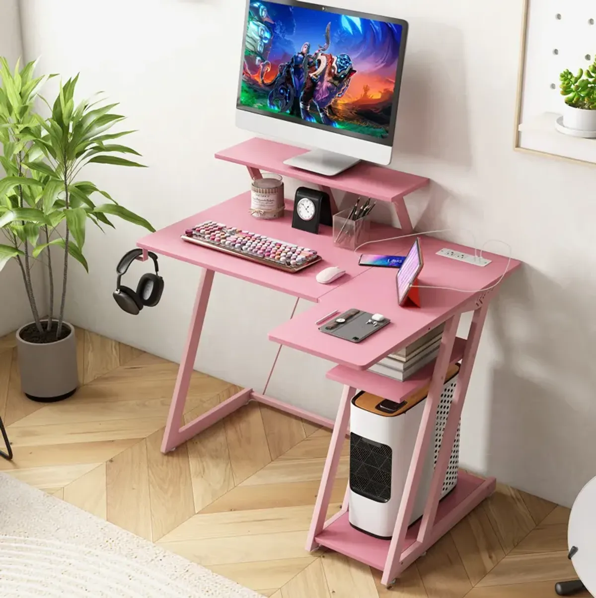 L Shaped Gaming Desk with Outlets and USB Ports