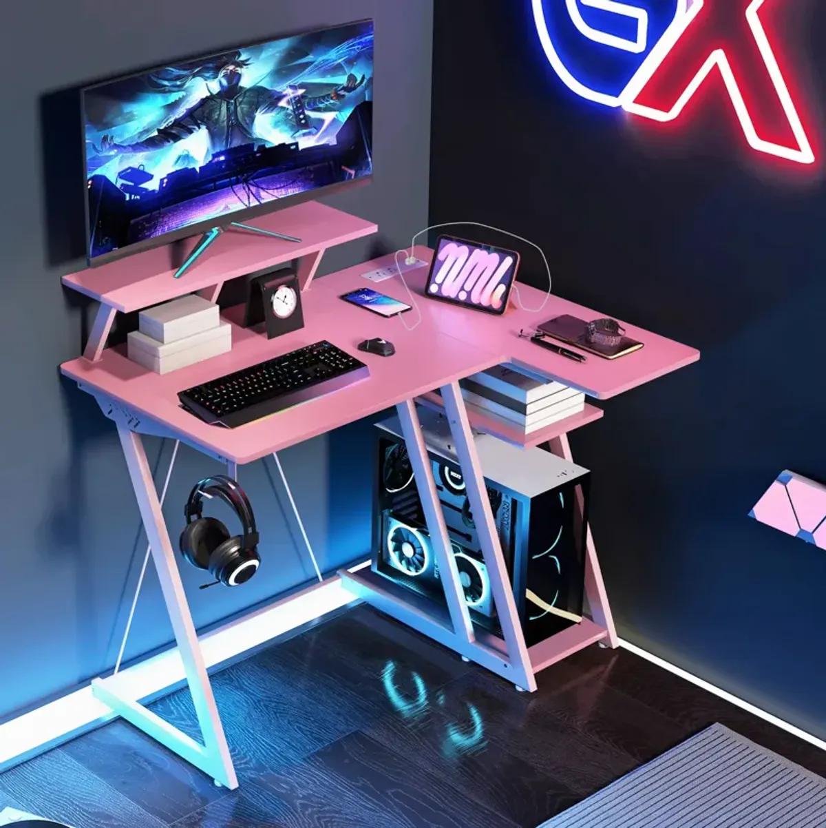 L Shaped Gaming Desk with Outlets and USB Ports